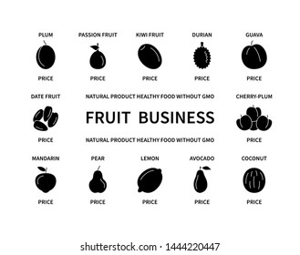 Fruit business without GMO natural product silhouette icons healthy food vegetables vegan analysis design elements fresh quality food money commerce vitamins search price useful vector symbol set