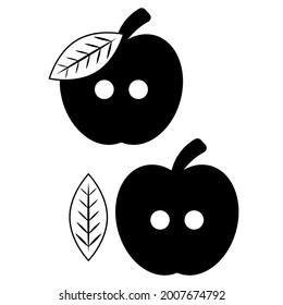 Fruit button for clothes with two holes in the shape of an apple with a leaf and a branch. Vector illustration. Template for engraving, laser cutting, scrapbooking and other design ideas. Black silhou