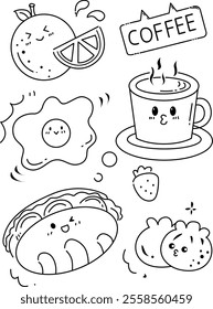 Fruit Cake Coffee Doodle Set Illustration 