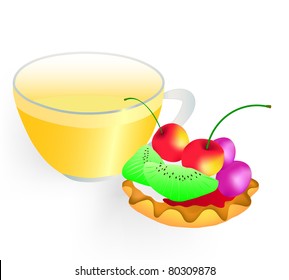Fruit cake and cup of green tea on a white background