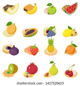 Fruit cake icons set. Isometric set of 16 fruit cake vector icons for web isolated on white background