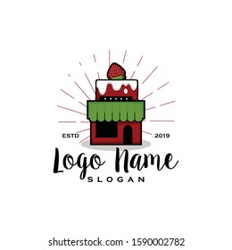 Fruit cake shop logo vector. Creative and fun concept design of bakery house store icon. Flat modern, pop art vintage look. Apply to web site, mobile phone apps, market brand, front of wall decoration
