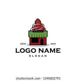 Fruit cake shop logo vector. Creative and fun concept design of bakery house store icon. Flat modern, pop art vintage look. Apply to web site, mobile phone apps, market brand, front of wall decoration