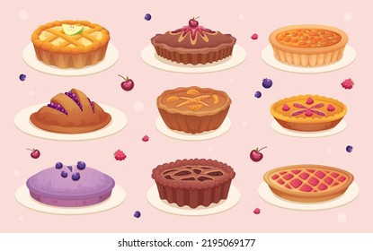 Fruit cakes. Bakery pie with dessert strawberry jam exact vector delicious food