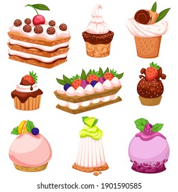 Fruit cakes and desserts with mousse and fruit, berries and decorative leaves. Puddings and jelly, ice cream and chocolate. Menu for restaurant or cafe, bakery shop assortment. Vector in flat style