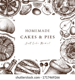 Fruit cakes recipe book template. Homemade desserts cooking process frame. Hand drawn baking cakes, pies, dough, kitchen stuff, ingredients design. Table top view with cakes, pies, dairy products.