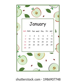 Fruit calendar for 2022 with a fruit pattern for the month of January, color vector summer illustration