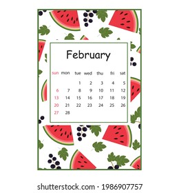 Fruit calendar for 2022 with a fruit pattern for the month of February, color vector summer illustration