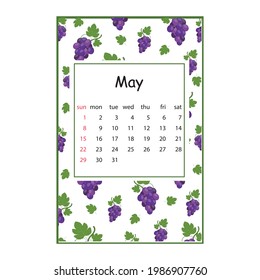 Fruit calendar for 2022 with a fruit pattern for the month of May, color vector summer illustration