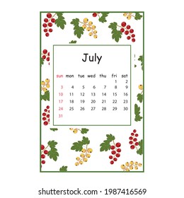 Obstkalender für 2022 mit einem Obstmuster für den Monat Juli, Farbvektorgrafik für den Sommer