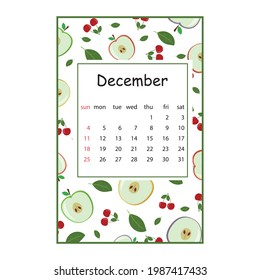 Fruit calendar for 2022 with fruit pattern for the month of December, color vector summer illustration