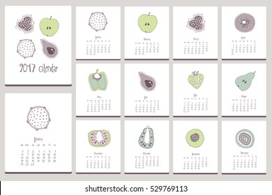 Fruit calendar. Hand drawn doodle elements.