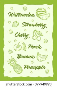 fruit calligraphy, watermelon, strawberry, cherry, peach, banana, pineapple, handwritten words, fruits on background