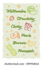 fruit calligraphy, watermelon, strawberry, cherry, peach, banana, pineapple, handwritten words, fruits on background