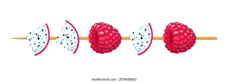 Fruit canape on wooden skewer. Raspberry and dragonfruit. Healthy food concept