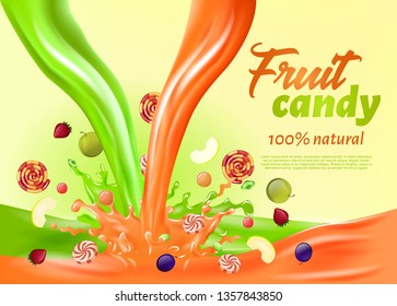 Fruit Candy 100 Percent Natural Landing Page. Banner Vector Illustration. Juicy Fruit Candy With Colored Filler. Healthy Food, Sweets without Sugar, Natural Dye. Vitamins and Minerals.