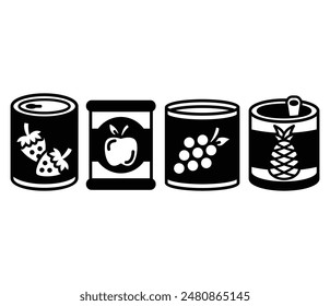 fruit canned food jar icons symbol vector design black white color simple illustration collection set