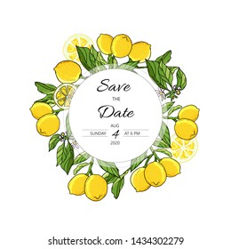 Fruit Card with lemon tree wreath. Hand drawn doodle wedding invitation with lemons. Vector illustration on white background