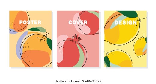 Fruchtkartenset, Orange Granatapfel Zitrone, Poster, Cover, Etikett, Banner, Hintergrund, zeichnen Design Vektor dekorative Grafik-Design-Illustration für Ihr Design
