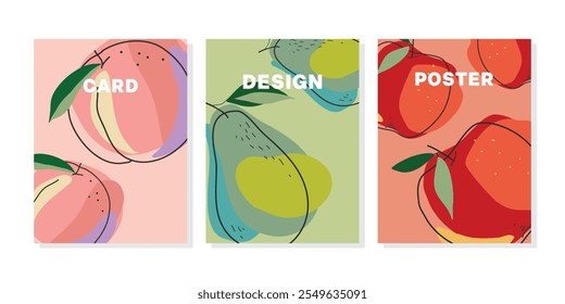 Fruit card set, Peach Avocado Apple , poster, cover, label, banner, background, draw design vector decorative graphic design illustration for your design