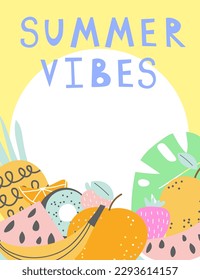 Fruit card text Summer Vibes Organic food restaurant and support farmers market concept. Tropical Design with Exotic Fruits for Fabric, T-shirt, Posters, Covers. Vector illustration EPS