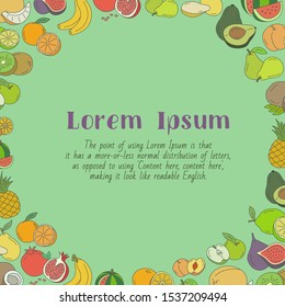 Fruit card with text and vector color illustrations of vegetarian food for graphic design