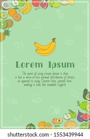 Fruit card with text and vector color illustrations of vegetarian food for graphic design