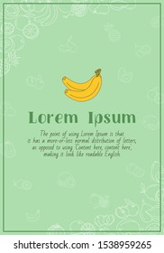 Fruit card with text and vector outline illustrations of vegetarian food for graphic design