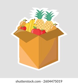 Fruit Cardboard Box Vector Illustration Sticker. Fresh fruit in a cardboard box vector illustration sticker. Perfect for food delivery, grocery, and healthy eating concepts