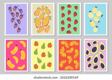 Fruit cards with papaya, grapes, strawberries, lemon, banana, apple, pear, avocado for design. Vector illustration of fruit cards sets. Summer backgrounds with fruits.