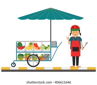 Fruit Cart. Street Food, Thailand : Vector Illustration.