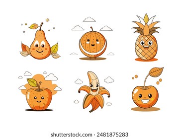 fruit, cartoon apple, pineapple, watermelon, banana, pear, cherry
