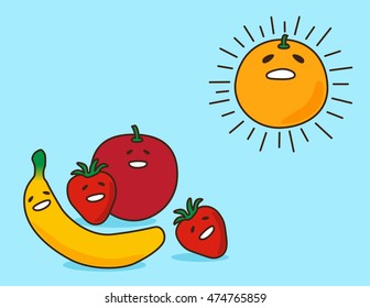 fruit cartoon , banana orange strawberry and tomato , vector