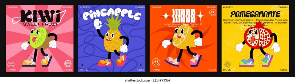 Personajes de dibujos animados de frutas de los años 90. afiche de moda. graciosos personajes coloridos al estilo de doodle, granate, kiwi, limón, piña con las manos guantes. Ilustración vectorial con tipografía