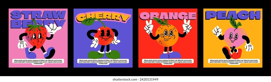 Fruit cartoon characters from the 90s. Trandy poster. funny colorful characters in doodle style, cherry, orange, peach, strawberry, with gloved hands. Vector groovy illustration with typography