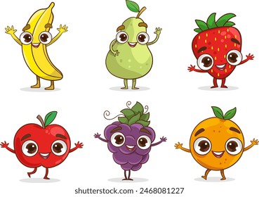 Personajes de dibujos animados de frutas. Cherry fresa plátano mascota divertida con cara de sonrisa feliz, manos y pies. Una maravillosa Ilustración vectorial de verano. Paquete de pegatinas de jugo de fruta.