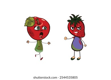 Personajes de dibujos animados de frutas, manzana feliz y Ilustración vectorial de fresa enojada para diseños divertidos
