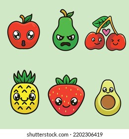 Fruit Cartoon Mascot Vector Design Flat Cute Smile Expression Peer Pineaple Avocado Cherry Strawberry Apple