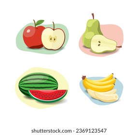 Fruit cartoon set. Vegan organic eco products collection. vector illustration.