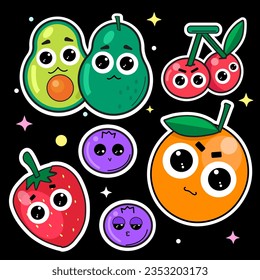 Fruit cartoon stickers. Comic character of cherry strawberry lemon watermelon, slogan, quotes and other elements. Groovy summer vector illustration. Fruits juicy sticker pack.