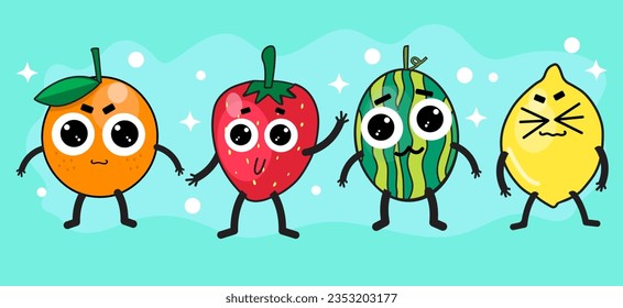Obstkartoon-Aufkleber. Comischer Charakter von Kirscherdbeermark Wassermelon, Slogan, Zitaten und anderen Elementen. Groovy Summer, Vektorgrafik. Fruchtsaft-Aufkleberpackung.