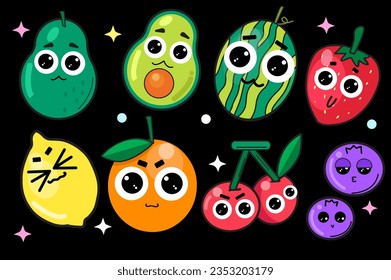 Fruit cartoon stickers. Comic character of cherry strawberry lemon watermelon, slogan, quotes and other elements. Groovy summer vector illustration. Fruits juicy sticker pack.