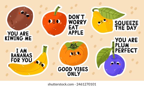 Fruit cartoon stickers. Comic character of apple, banana, kiwi, lemon, plum, persimmon with slogan, quotes and other elements for planner. Groovy summer vector. Fruit pun with smiling characters