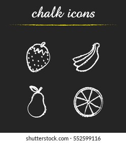 Fruit Chalk Icons Set. Strawberry, Banana Bundle, Pear, Orange. Isolated Vector Chalkboard Illustrations