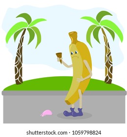 Fruit character, banana. Summer landscape, tropics. Ice cream on the asphalt. Summer city landscape.