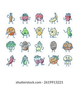 fruit character funny food doodle icons set vector. happy orange, face strawberry, healthy lemon, smile apple, comic pineapple, banana fruit character funny food sketch hand drawn