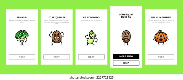 fruit character funny food onboarding mobile vector. happy orange, face strawberry, healthy lemon, smile apple, comic pineapple, banana fruit character funny food illustrations