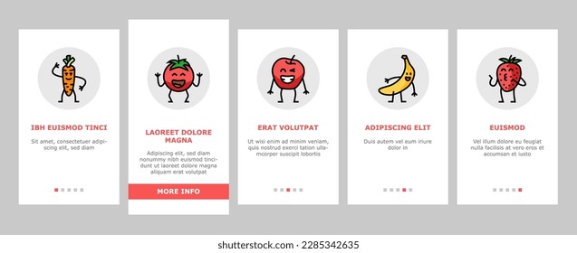 fruit character funny food onboarding mobile vector. happy orange, face strawberry, healthy lemon, smile apple, comic pineapple, banana fruit character funny food illustrations