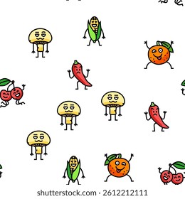 fruit character funny food vector seamless pattern thin line illustration