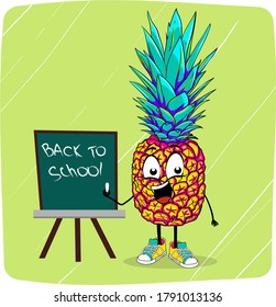 Fruit character pineapple ananas near the school blackboard with the chalk inscription back to school. Knowledge day and school theme for children